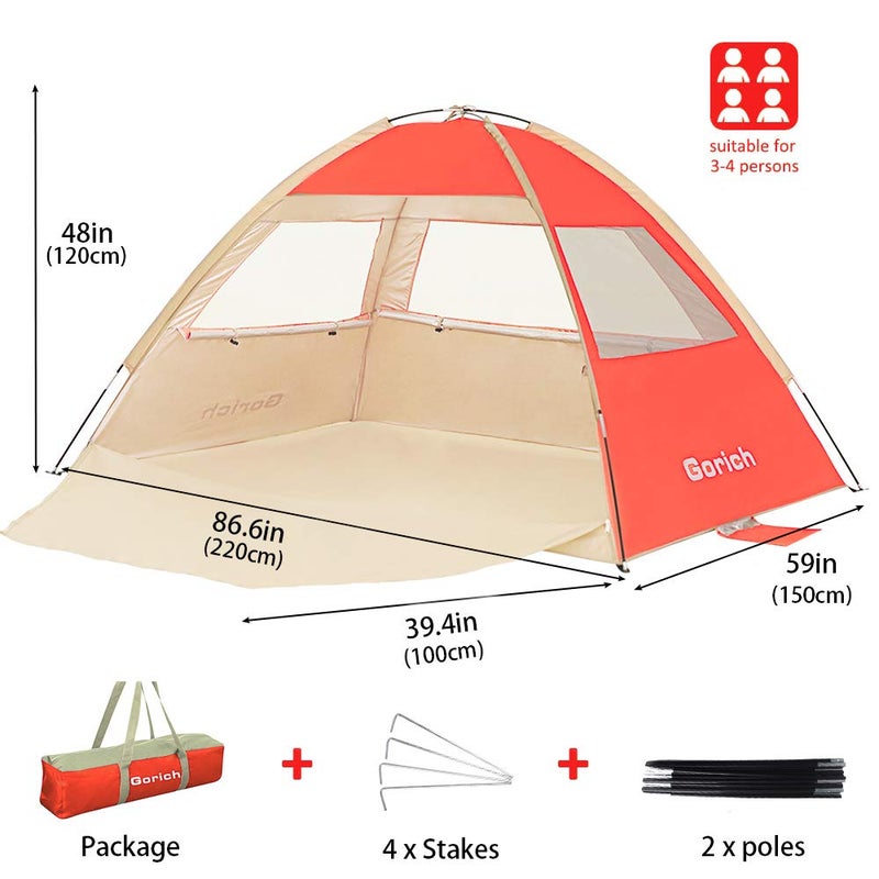 Gorich Beach Tent Sun Shelter for 3/4-5/6-7/8-10 Person with UPF 50ï¼‹ UV Protection, Lightweight & Easy Setup Beach Shade Canopy, Portable Beach Shade Tent Beach Cabana - Image 4